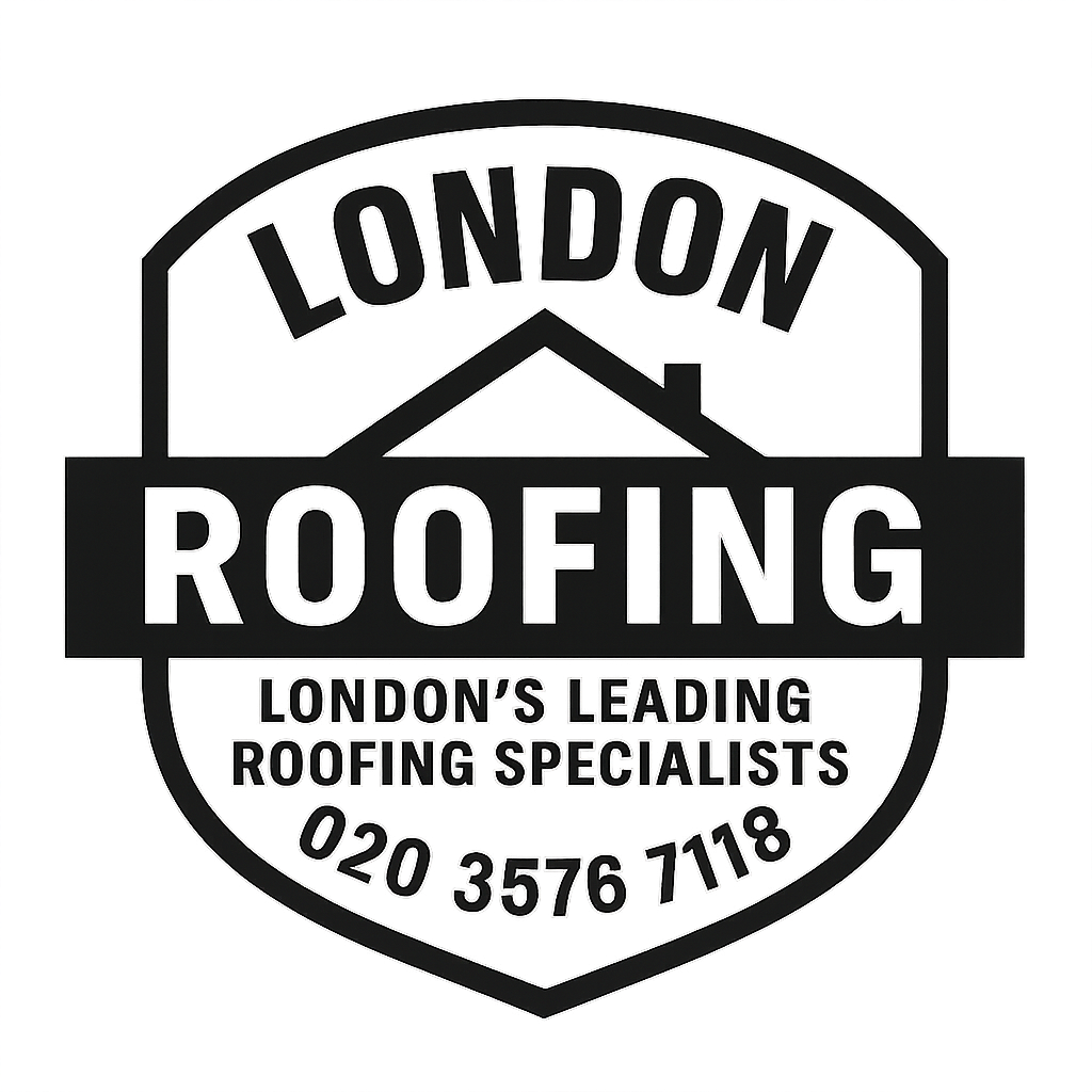 London Roofing logo – circular charcoal design featuring a roof graphic, company name “London Roofing,” phone number 020 3576 7118, and email contact@londonroofer.co.uk.